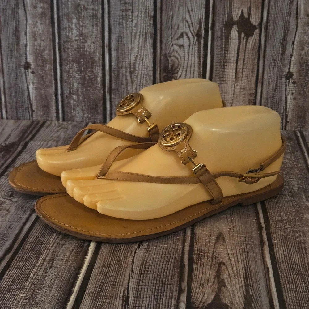 Sz 8.5 M Tory Burch Ali Brown Leather Gold Logo Thong Flat Sandals VGUC!